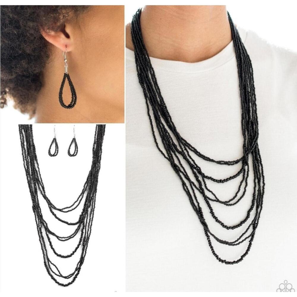 Paparazzi Totally Tonga Black Seed Bead Necklace & misc Paparazzi Earing Blundle